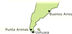 This is a cartoon image of hte southern half of South America with the cities of Buenos Aires, Ushuaia, and Punta Arenas highlited.  Ushuaia is at the southern tip; Punta Arenas is just to the northwest of Ushuaia some 200 miles as the crow flies; and Buenos Aires is more than 1500 miles to the northeast of Ushuaia.