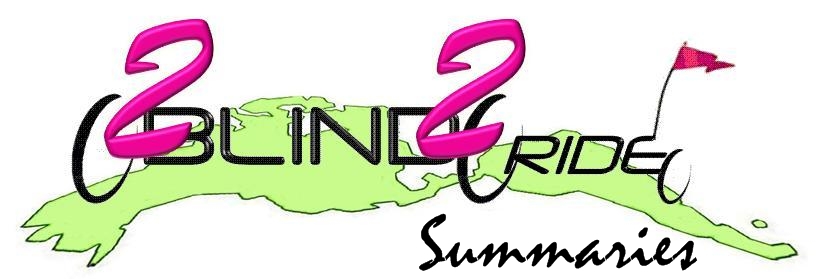 This is an image of the 2B2R Summaries Logo. Description: Number 2 for "Two" and "to" to depict us and a thin font for "Blind" and "Ride" to depict the frame of the tandem and the trailer we will pull to carry our things.  2s are in fuchsia, font is black.  Background is a chartreuse cartoon map of North and South Americas.  Bottom is he word "Summaries."